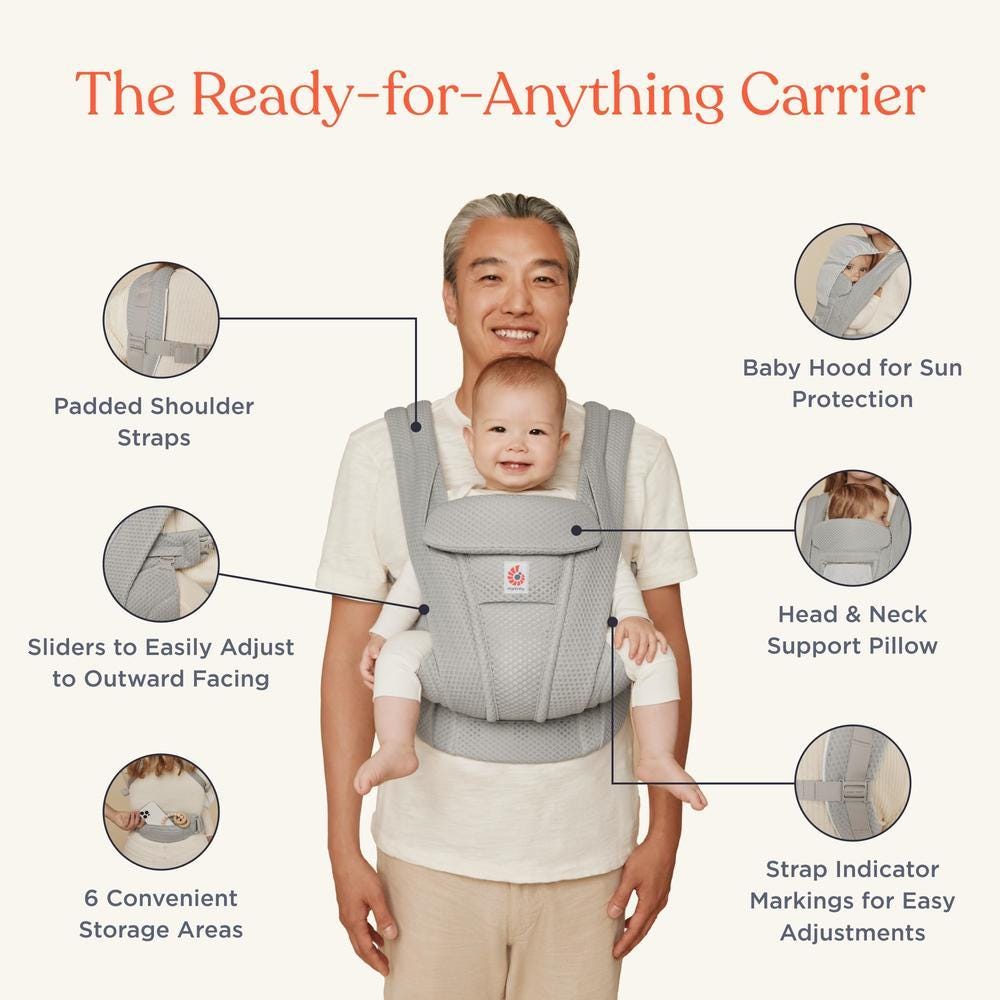 Man carrying a baby in a gray carrier with feature highlights on a light background.