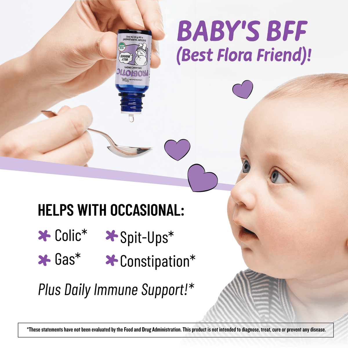 A baby and probiotic product with labeled features on a purple background.