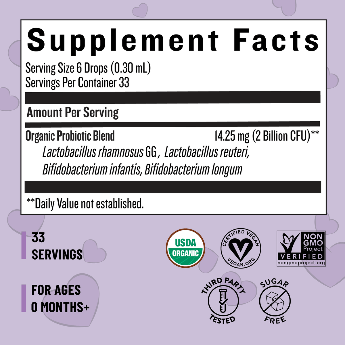 Supplement facts label with organic and vegan certification logos on a purple background