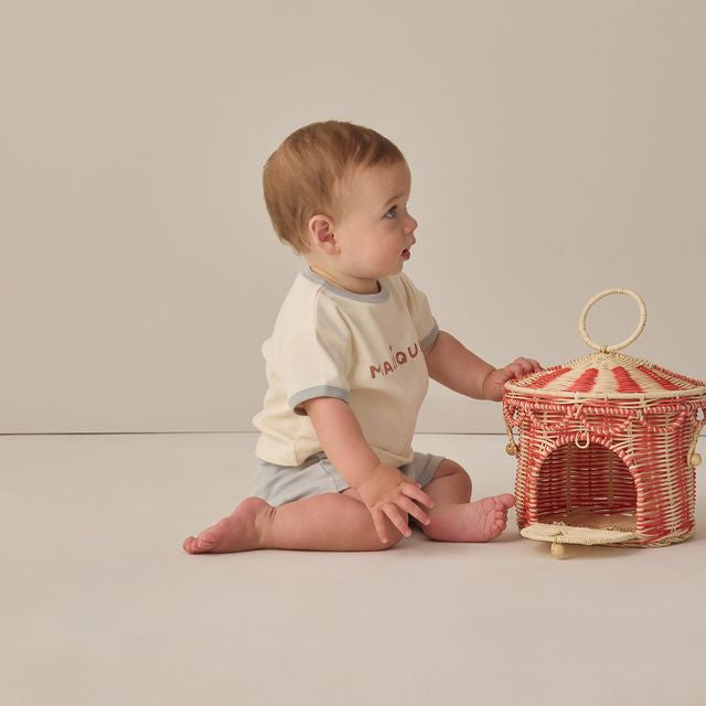 Baby playing with a small, decorative woven basket on a plain background