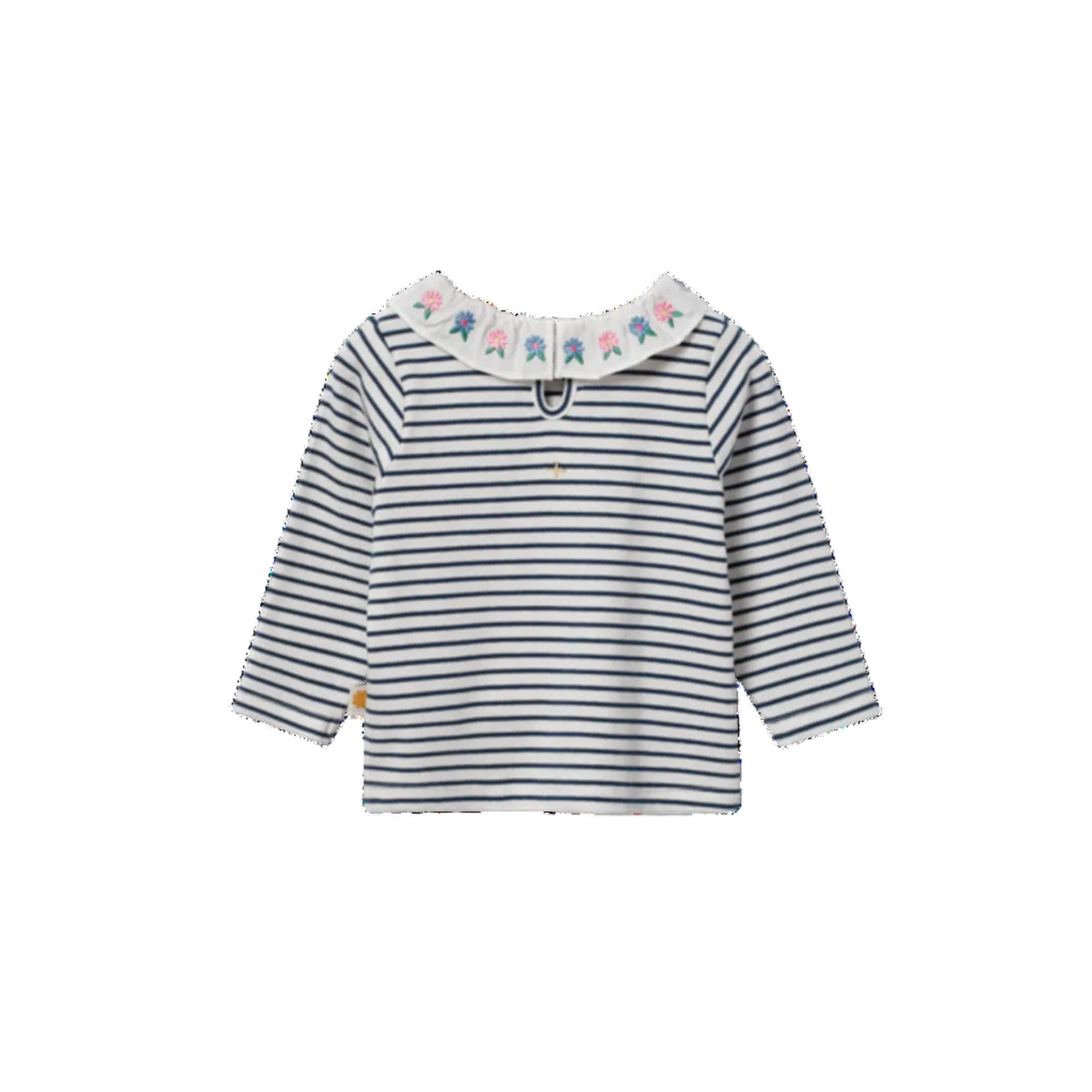 A toddler's long-sleeve top with navy and white horizontal stripes, featuring a white Peter Pan collar decorated with colorful elephant silhouettes and a small gold button at the center chest.