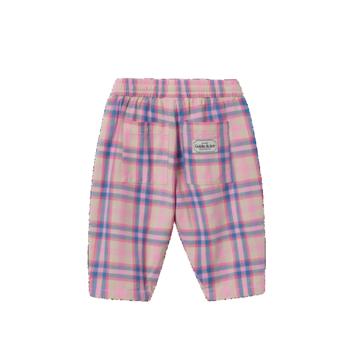 Pink plaid toddler pants with a blue and purple check pattern, featuring an elastic waistband and a back pocket with a small brand label.