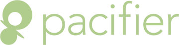 The Pacifier brand logo, featuring a muted sage green stylized icon on the left and the word 'pacifier' in lowercase serif lettering on a solid white background.
