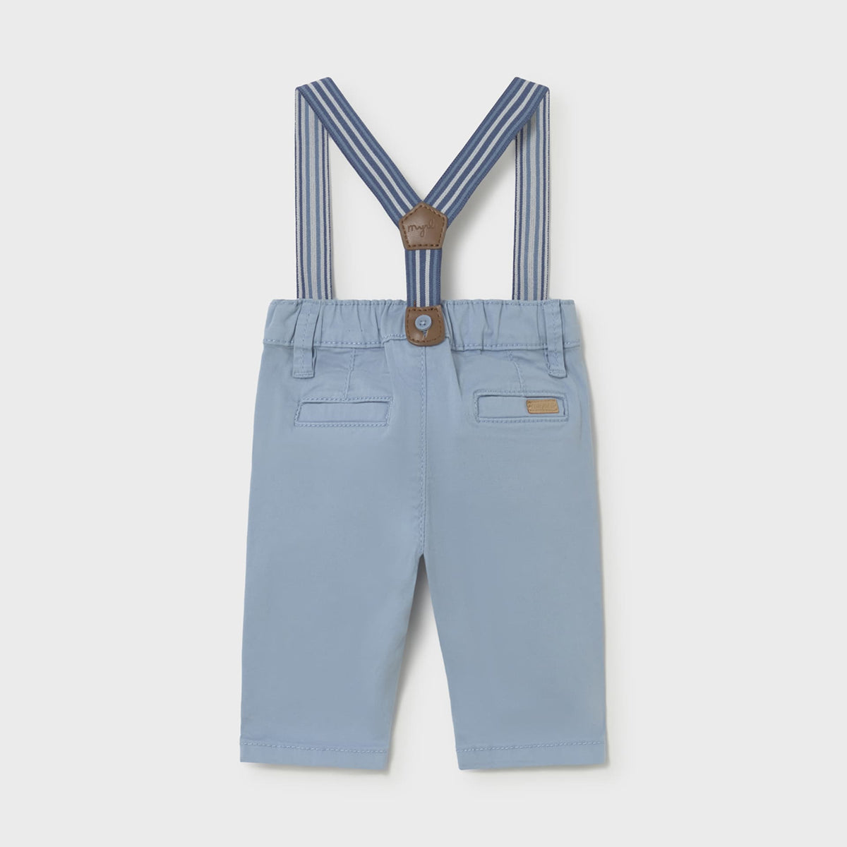 Light blue pants with striped suspenders on a white background