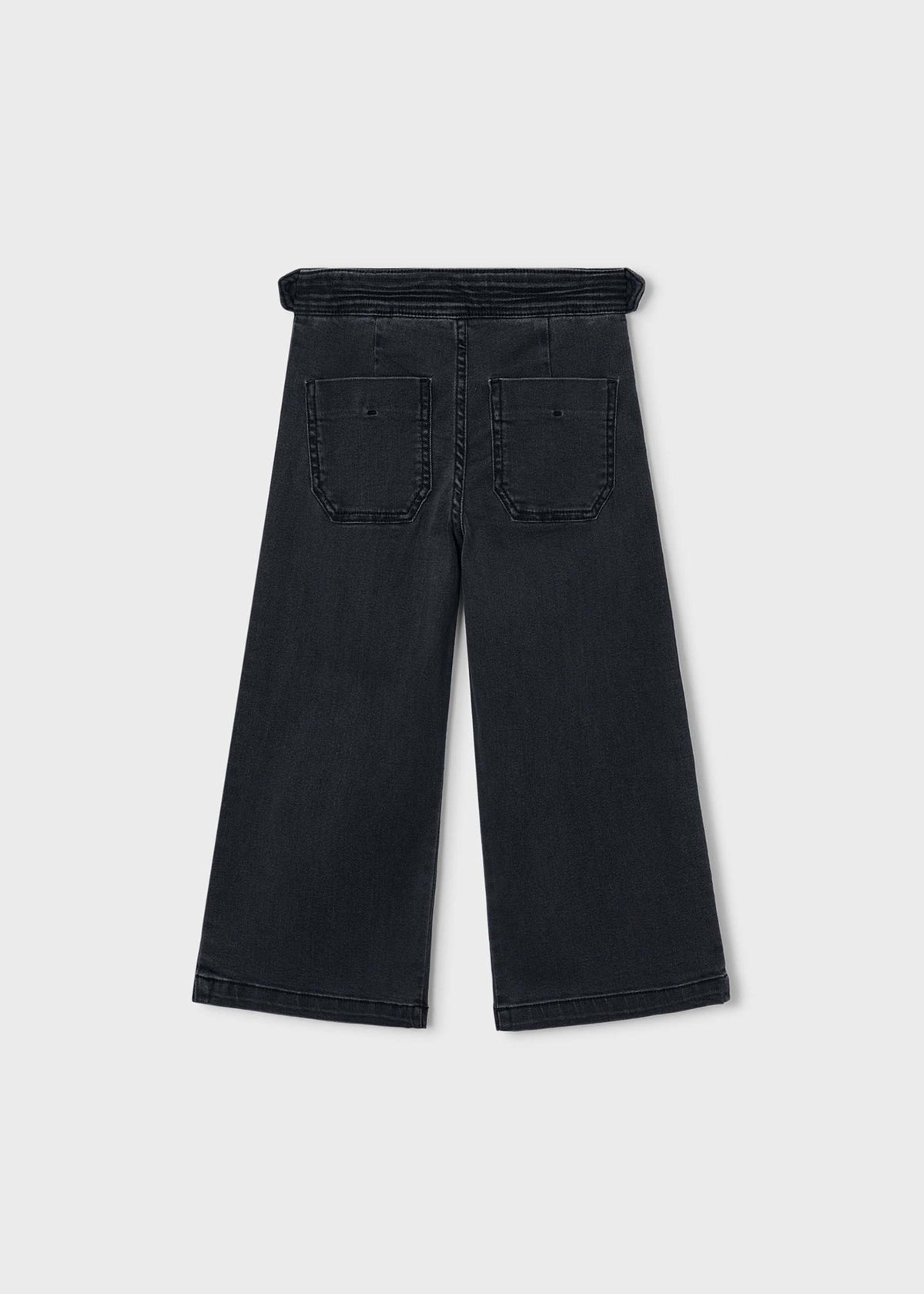 Black wide-leg cropped jeans shown from the back, featuring a drawstring waistband and two back patch pockets, on a light gray background.