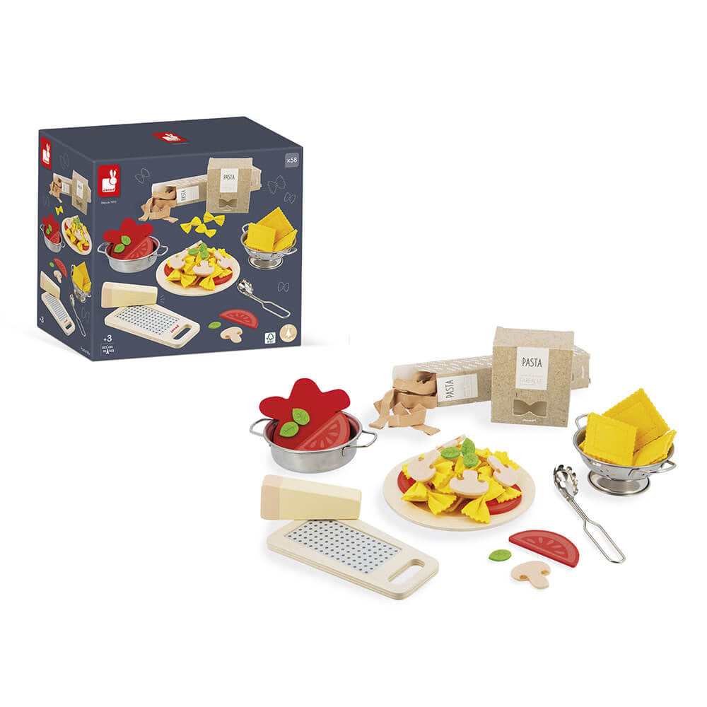 Set of toy kitchen utensils and ingredients with a box on a white background