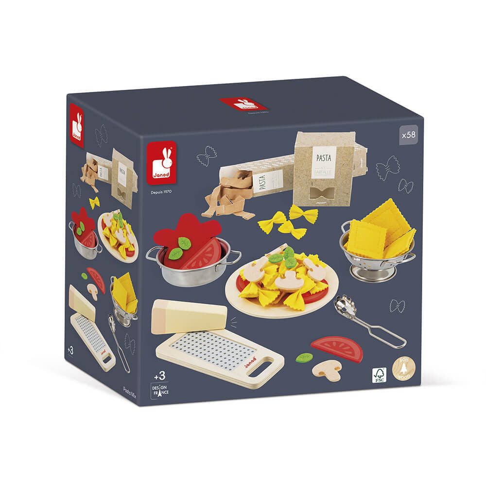 Box of a toy pasta-making set with various pasta shapes and tools on a white background