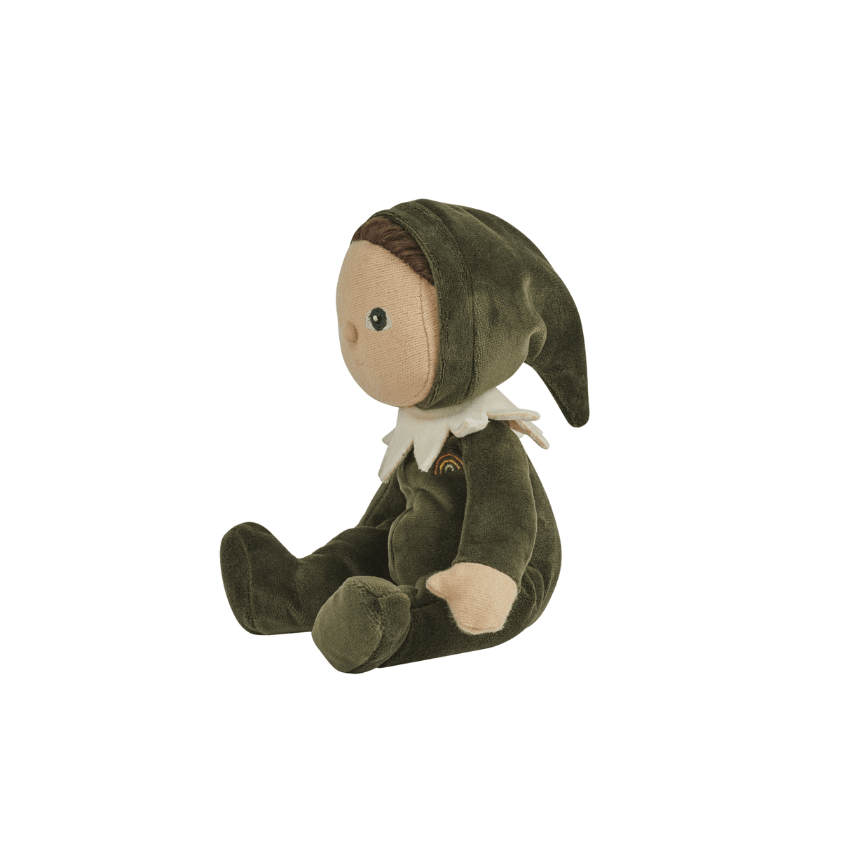 Plush toy resembling a character in green attire on a transparent background