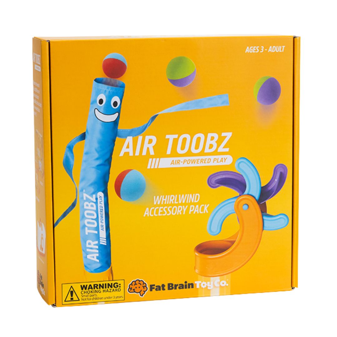 Box of Air Toobz Whirlwind accessory pack with colorful toy figures on a yellow background
