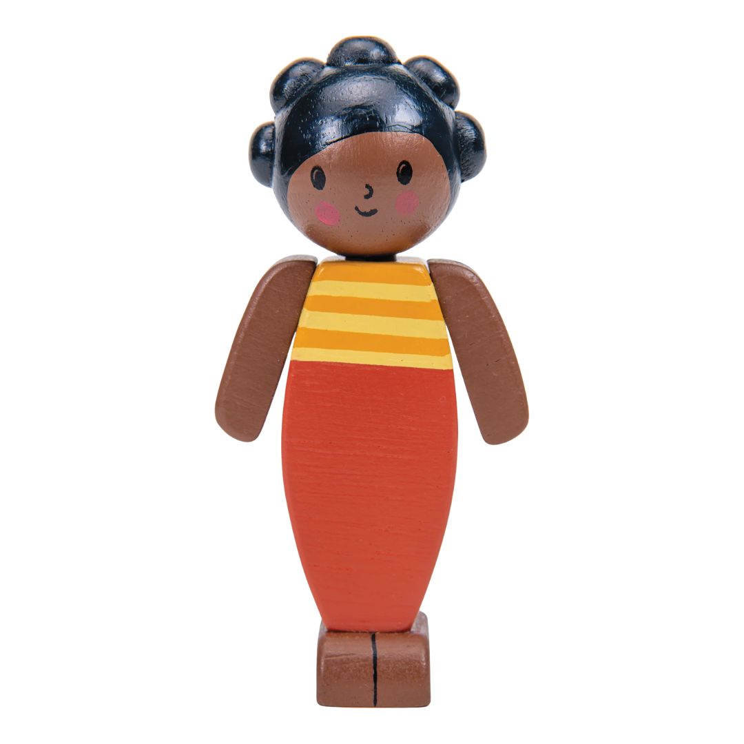 Wooden doll with a striped dress and braided hair on a white background