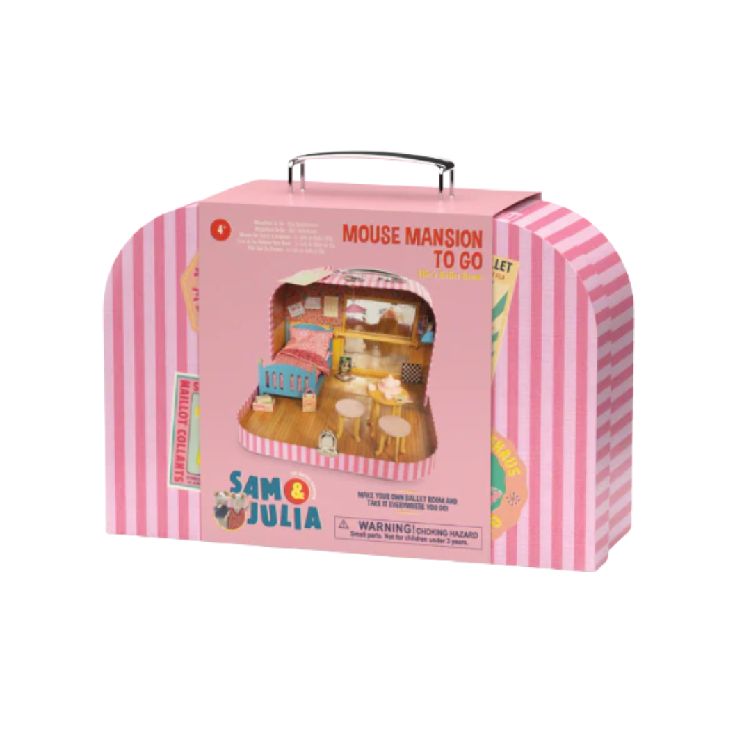 Pink toy packaging for 'Mouse Mansion To Go' with miniature furniture inside, on a white background.