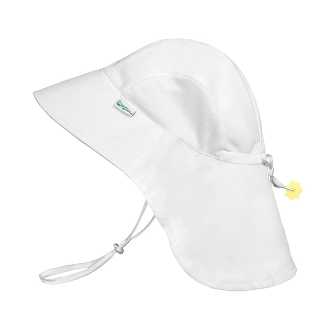 White sun hat with a brand logo on a white background