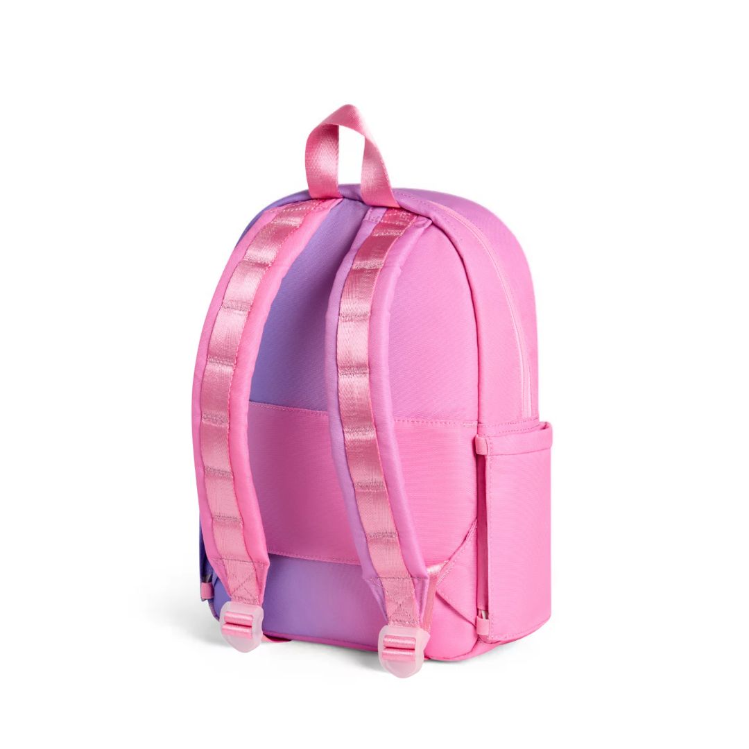 Pink and purple backpack with ribbons on a white background