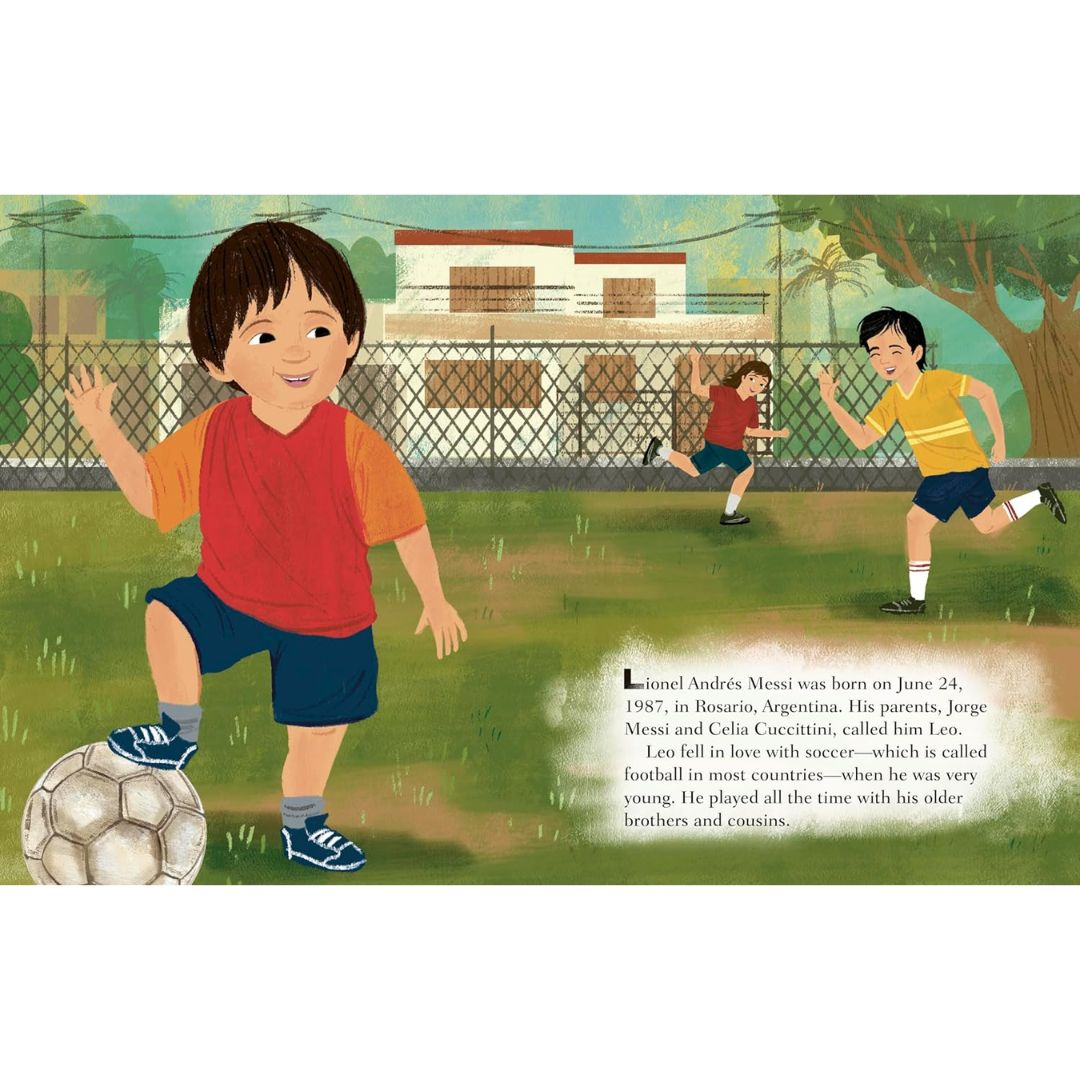 Illustration of a child playing soccer with text about a famous soccer player.