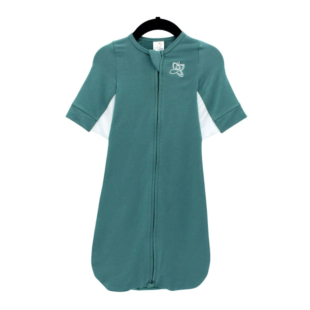 Teal baby sleeping bag with a logo on a white background