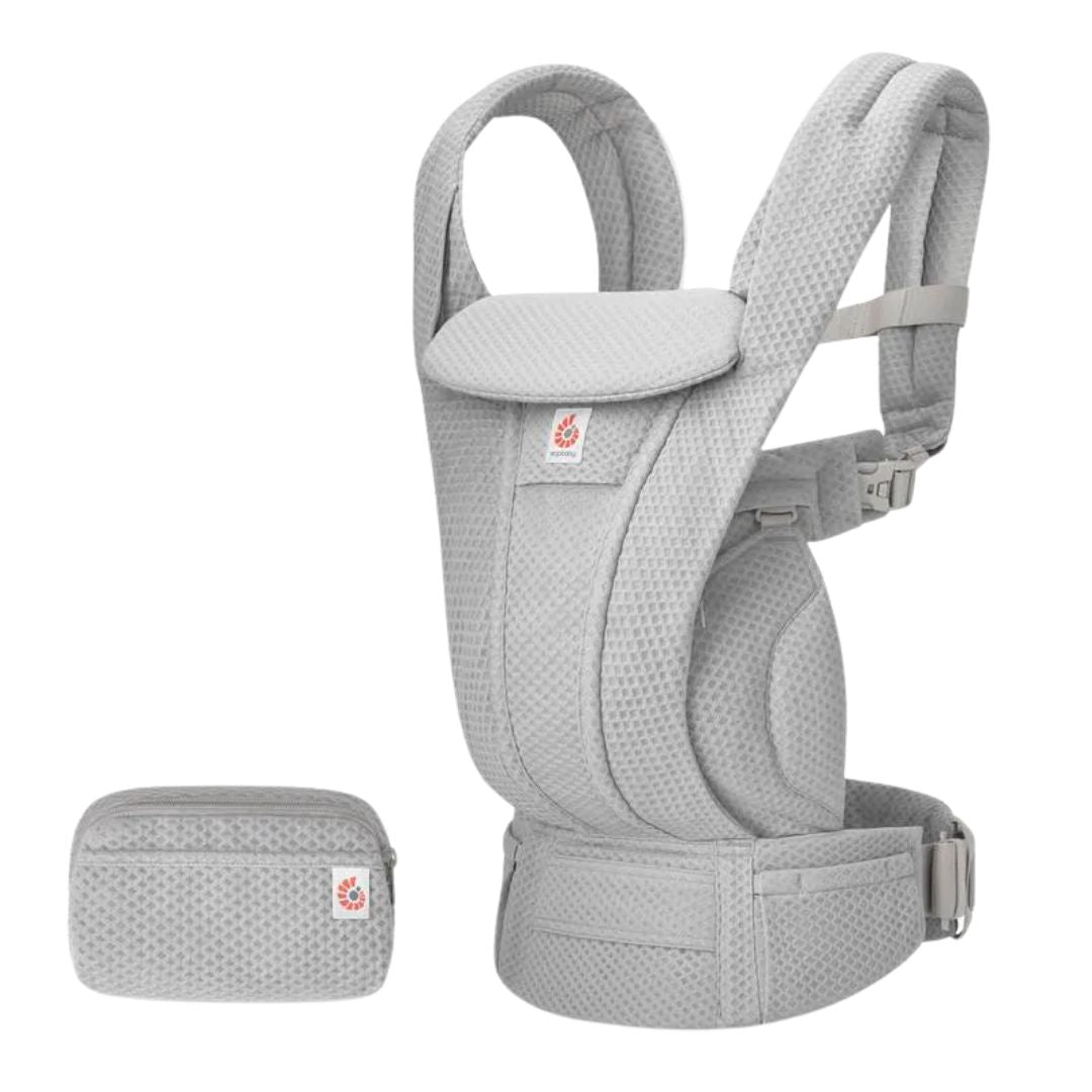 Ergobaby Omni Deluxe Mesh Baby Carrier in gray, with a small storage pouch, featuring multiple adjustment straps and a hood for sun protection.