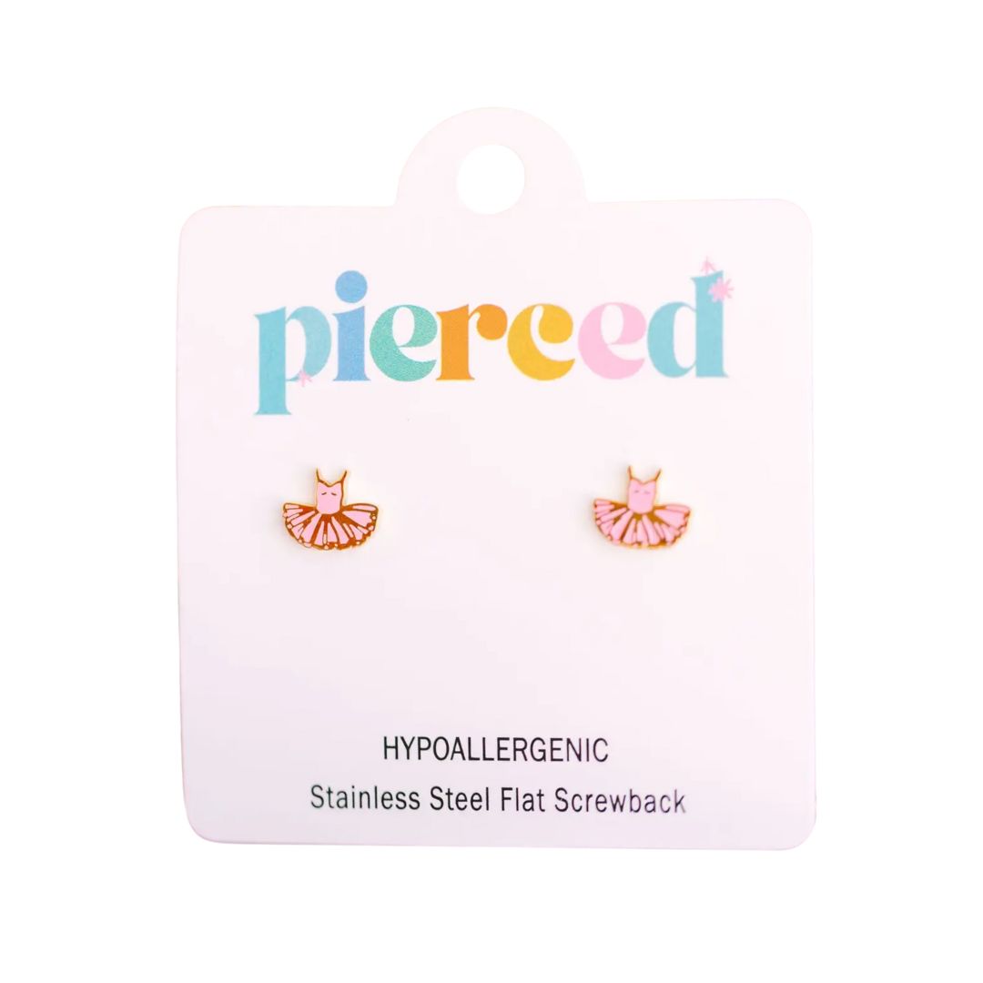 Pair of ballerina-shaped earrings on a 'pierceed' branded card with product details.