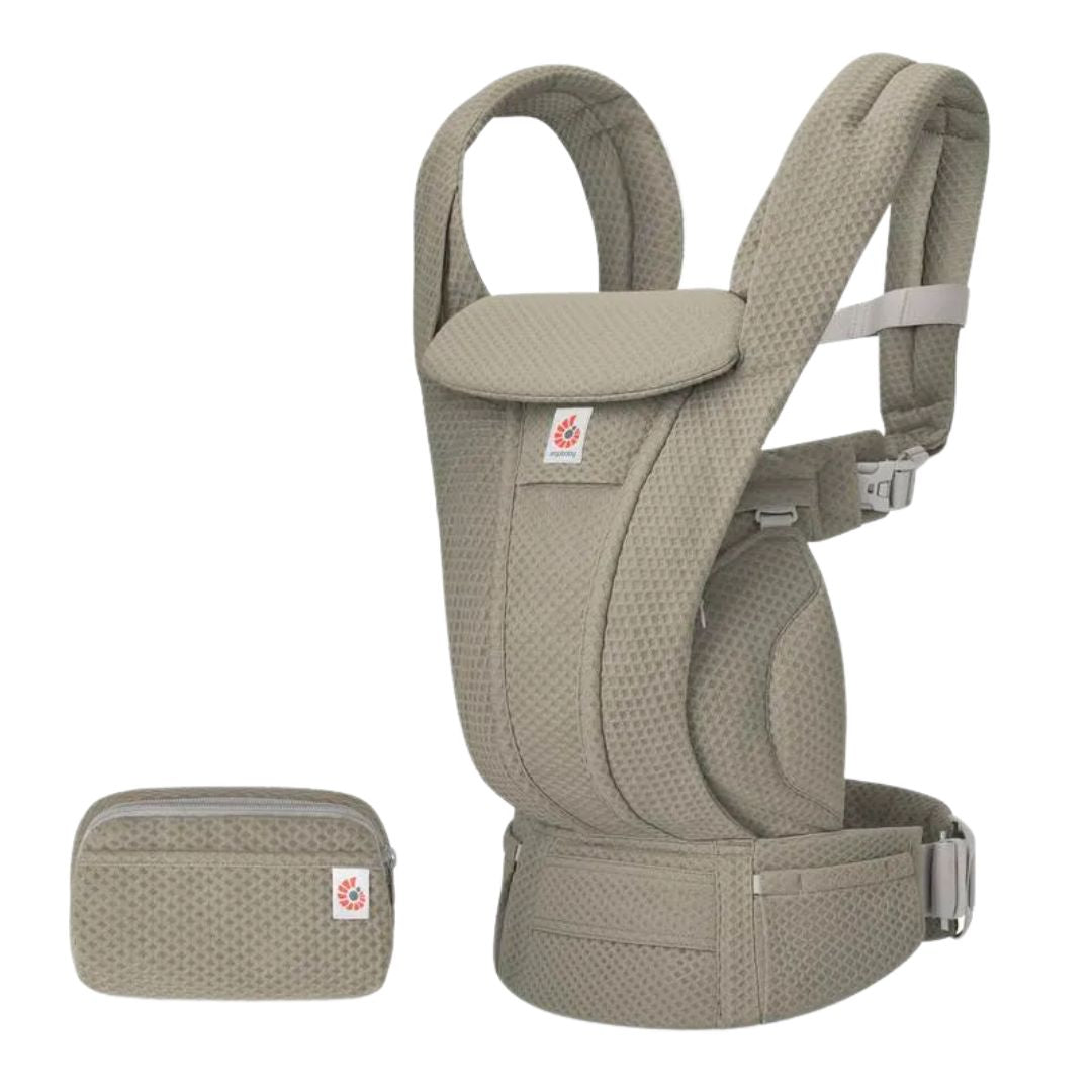A beige baby hip seat carrier with a matching zippered pouch, shown on a solid white background.