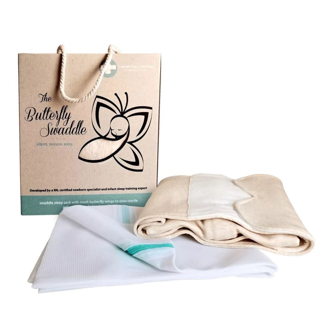 Butterfly Swaddle blanket with packaging on a white background