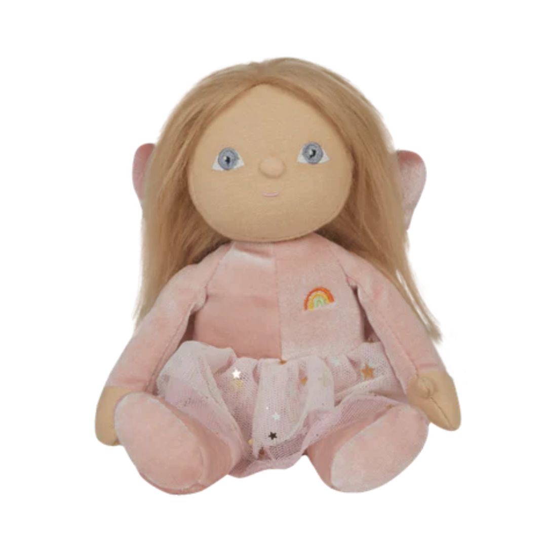 Plush toy with blonde hair and pink outfit on a white background