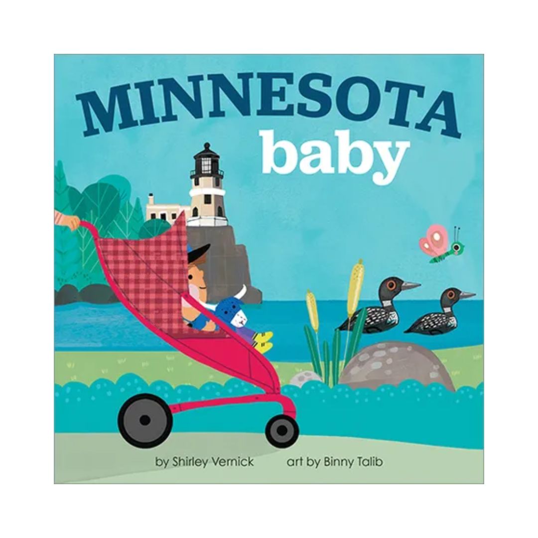 Children's board book cover titled "MINNESOTA baby" showing a colorful illustrated scene with a baby in a pink stroller by the water, a lighthouse, ducks, reeds, and a butterfly. Text at the bottom reads "by Shirley Vernick" and "art by Binny Talib.
