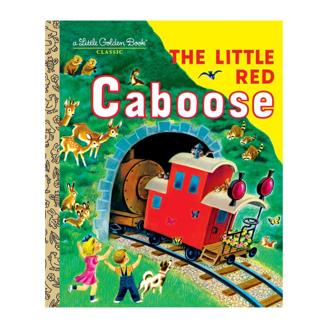 Cover of 'The Little Red Caboose' Little Golden Book featuring a red caboose at a train station with a child and an dog looking at it.
