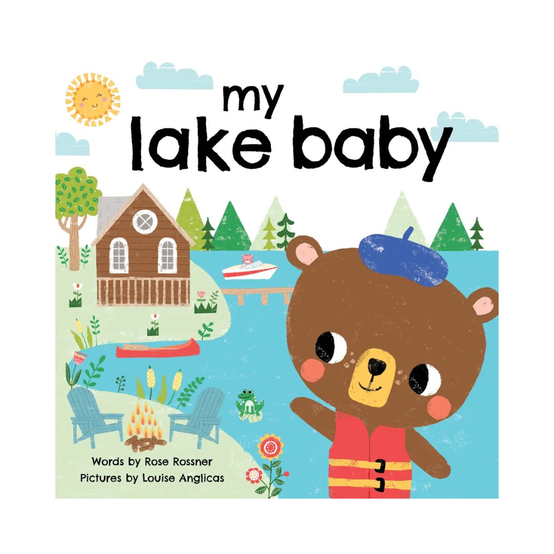 Book cover of 'my lake baby' with a bear character and lake scene.