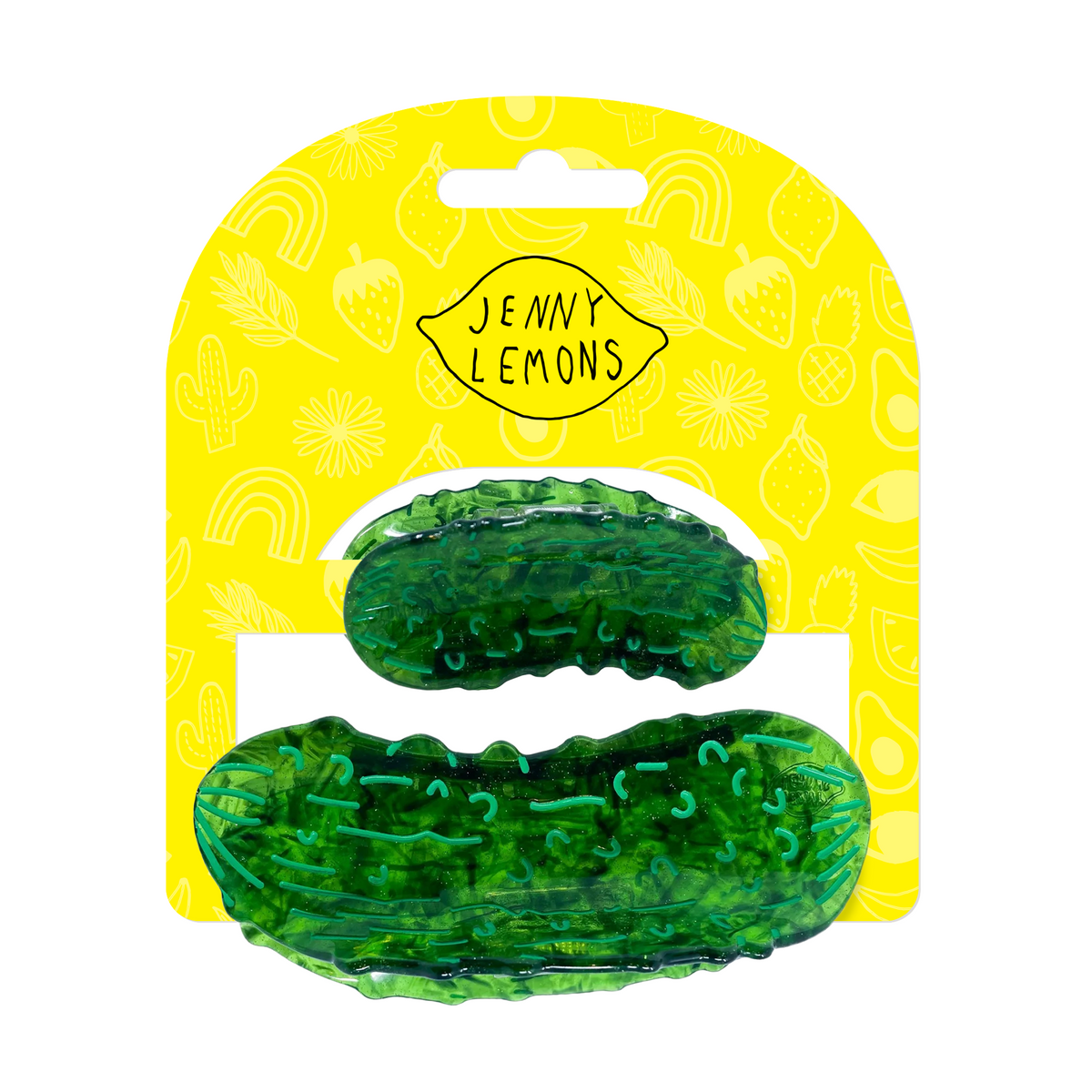 Green gummy pickles in a yellow packaging with 'Jenny Lemons' branding.