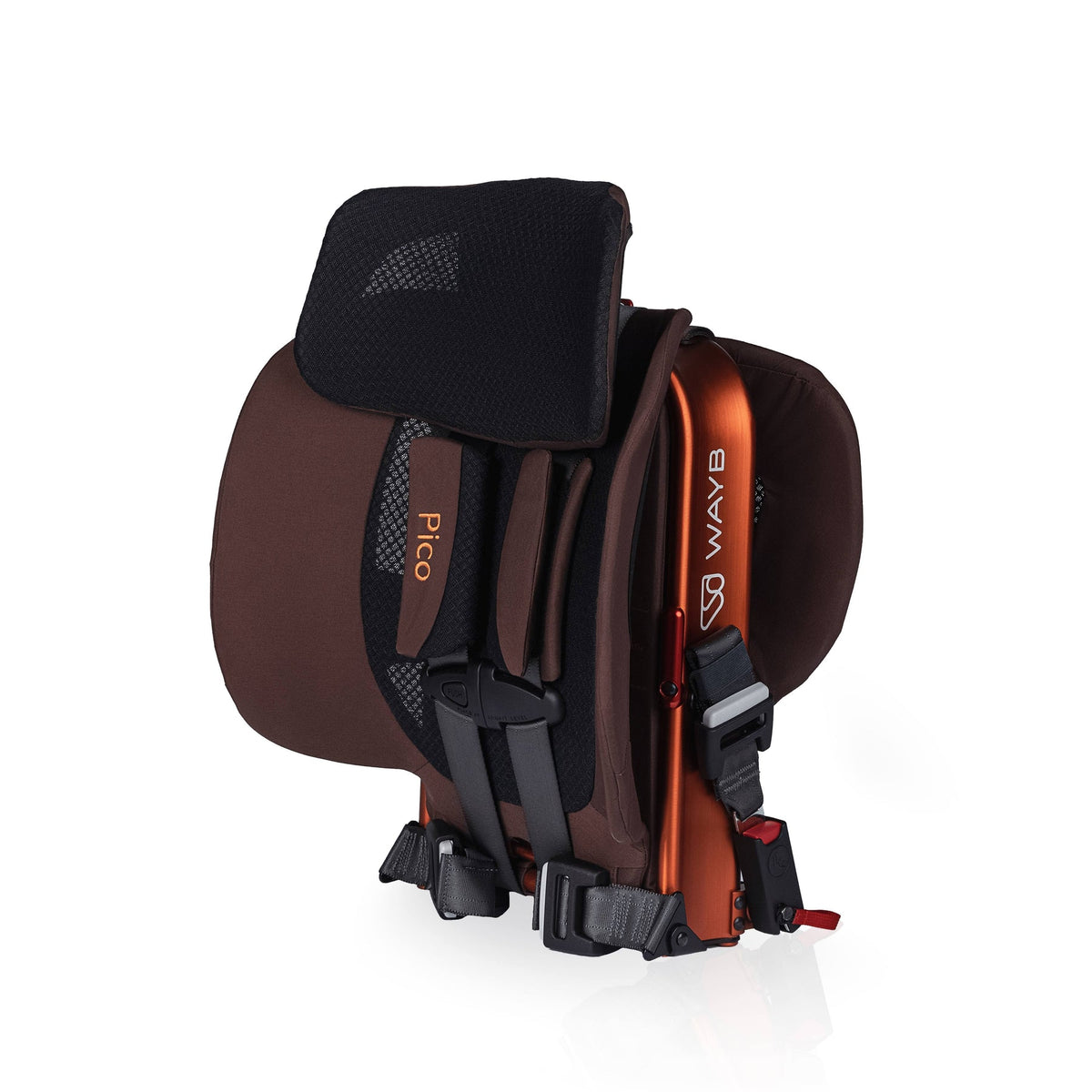 Brown and black backpack with visible branding on a white background