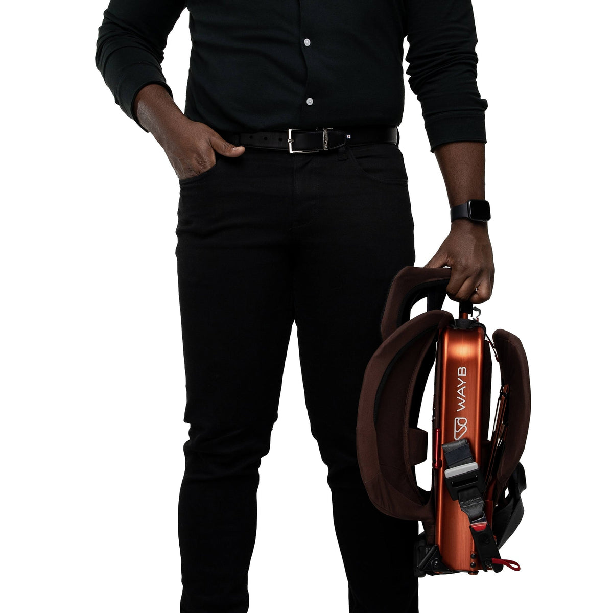 Person holding a brown and orange backpack with 'WAVE' branding on a white background