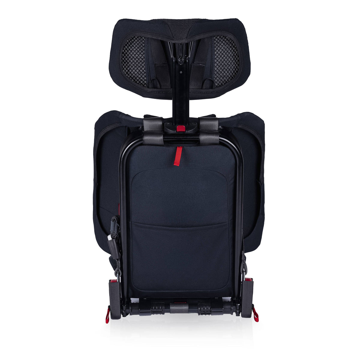 Black car seat with red accents on a white background