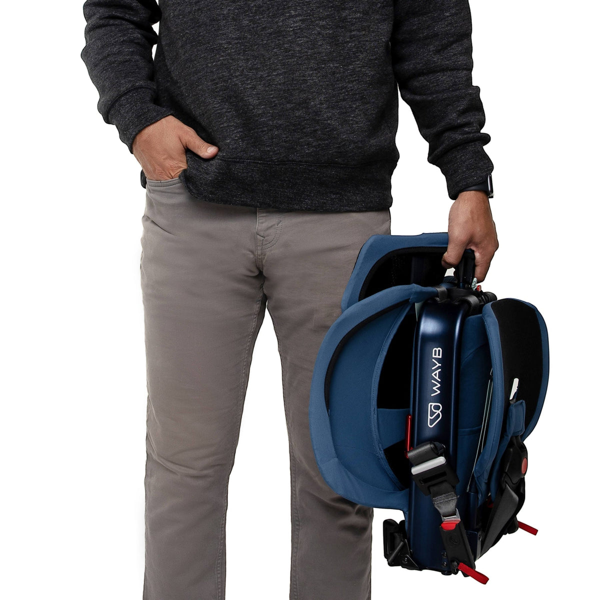 Person holding a blue and black backpack with visible branding on a white background