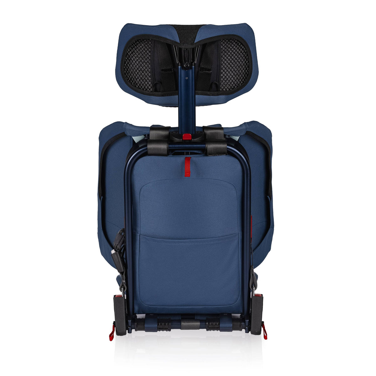 Blue suitcase with a built-in seat on a white background