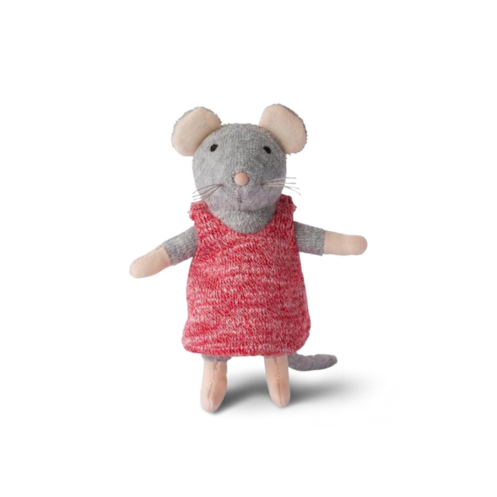 Toy mouse in a red dress on a white background