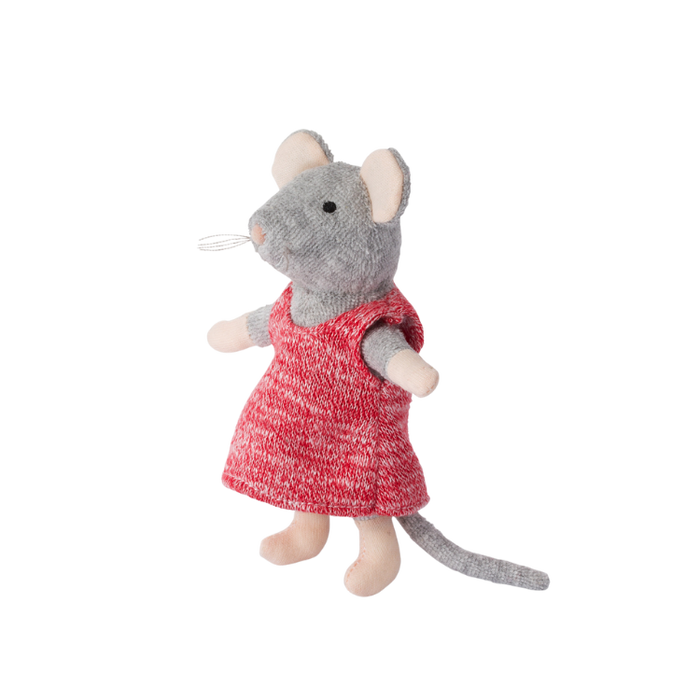 Stuffed mouse toy wearing a red dress on a white background