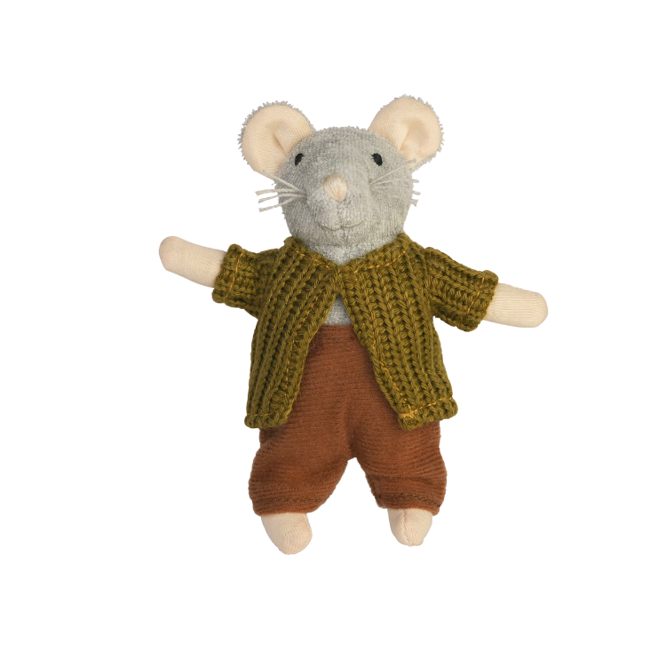 Stuffed mouse toy wearing a knitted sweater and pants on a white background