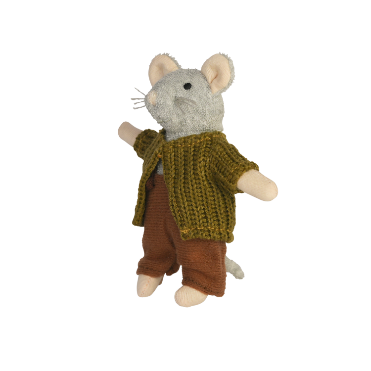 Stuffed mouse toy wearing a green sweater and brown pants on a white background
