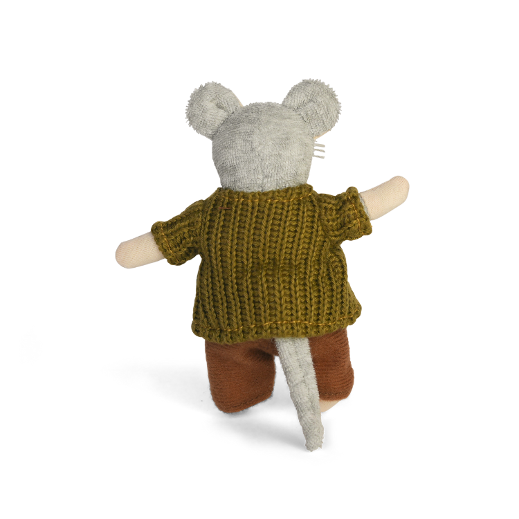 Toy mouse wearing a knitted sweater and pants on a white background