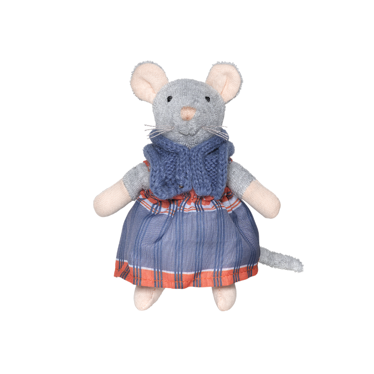 Stuffed mouse toy wearing a blue dress with a plaid skirt on a white background