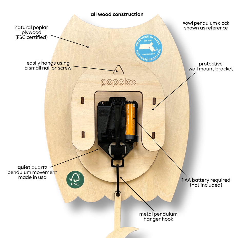 Wooden owl-shaped clock with labeled features on a white background