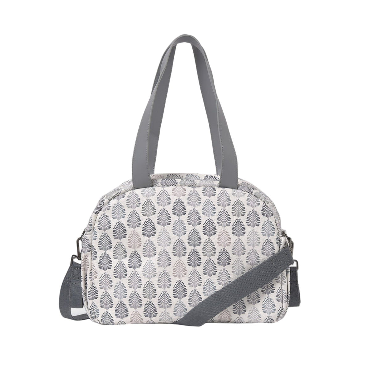 A dome-shaped duffel bag with a repeating gray leaf pattern on a white background, featuring gray shoulder straps and a matching crossbody strap, shown on a plain white background.