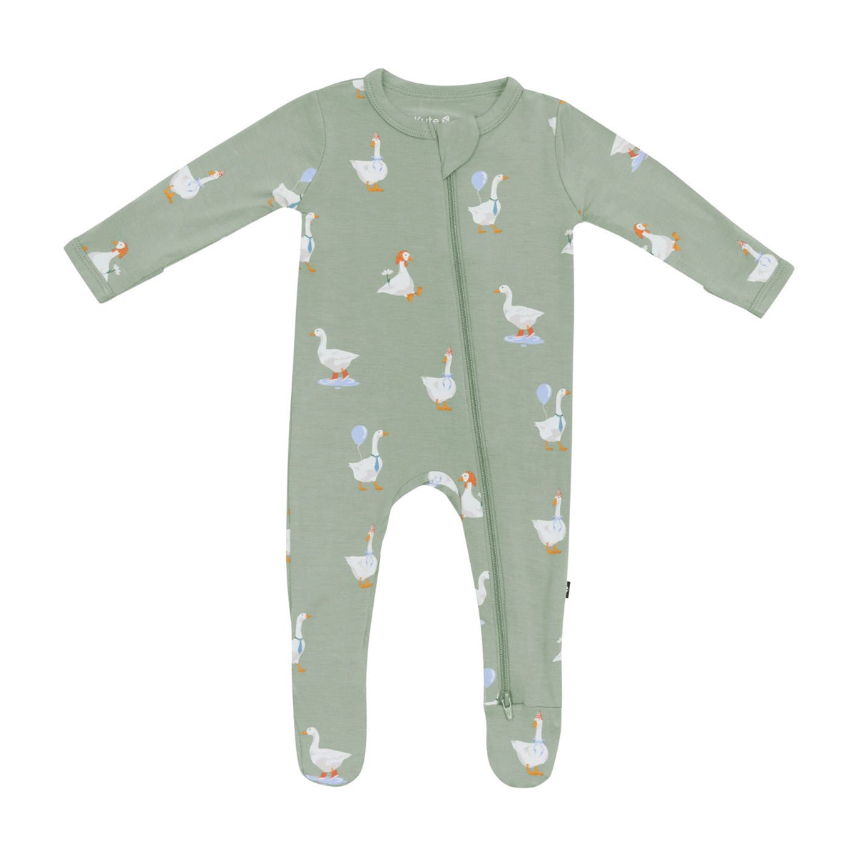 Green baby onesie with duck pattern on a white background