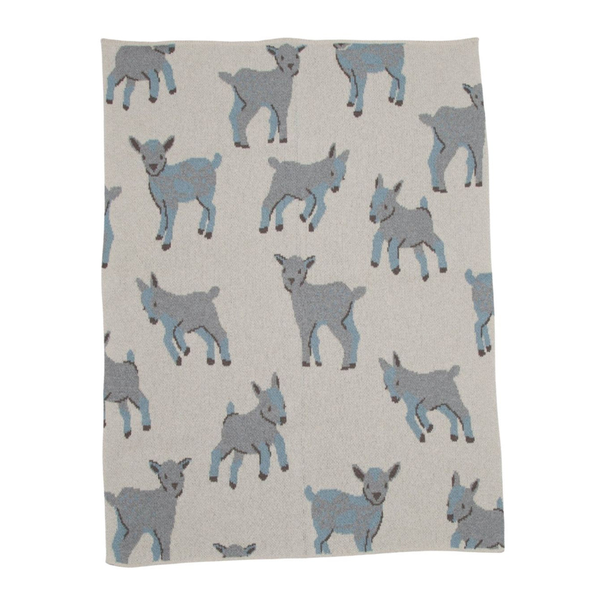 A square woven textile, likely a throw blanket or tapestry, featuring a repeating pattern of stylized gray and light blue goats on a warm beige background.