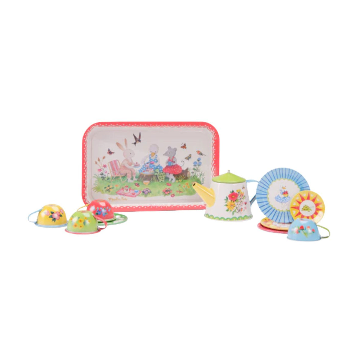 Colorful toy tea set with a tray featuring a garden scene on a white background
