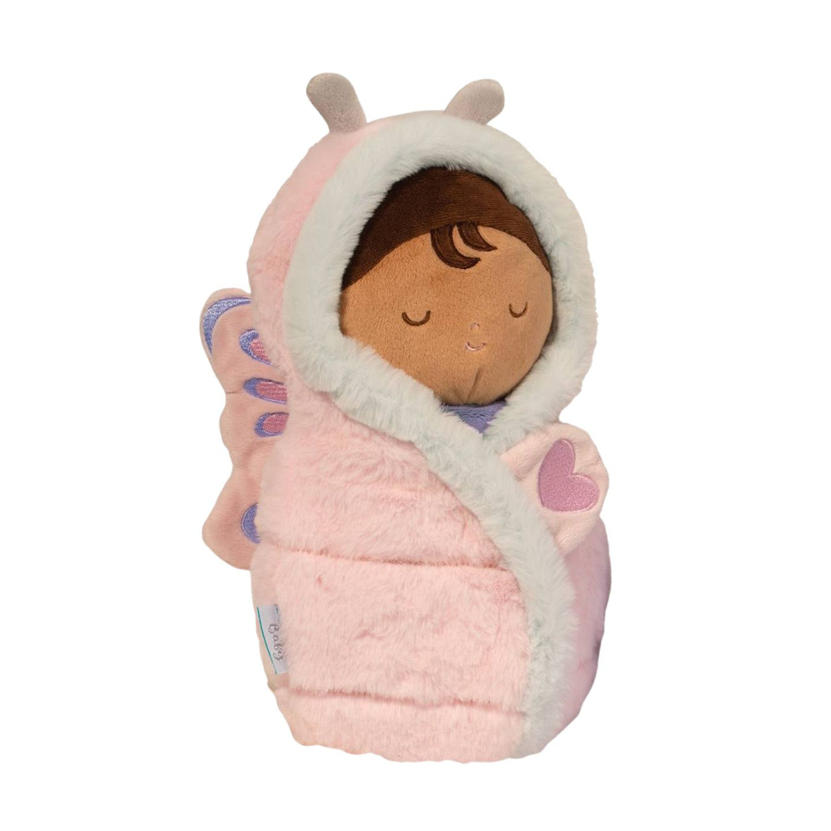 Plush toy of a baby in a pink and gray blanket with butterfly wings on a white background