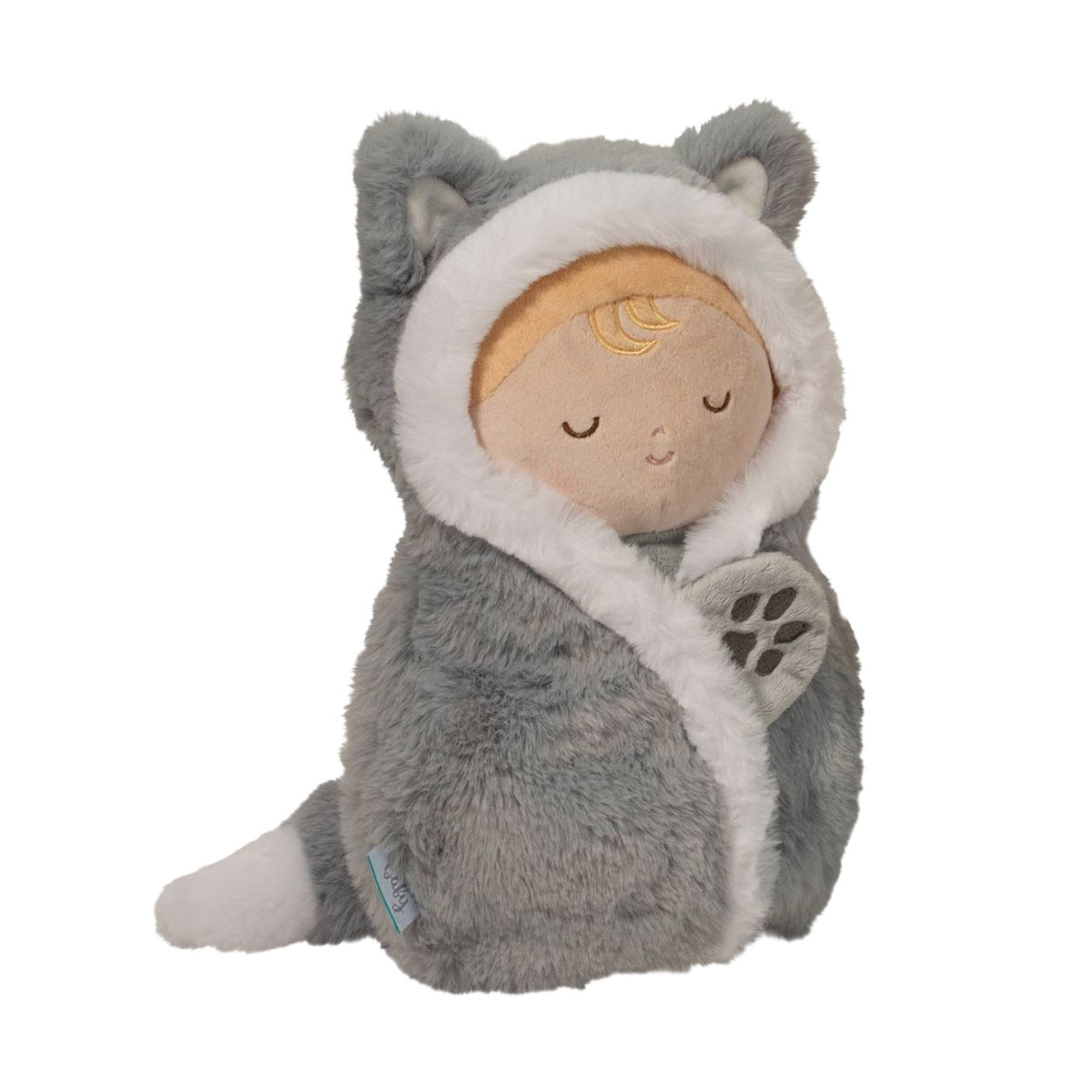 Plush toy resembling a baby in a gray animal costume on a white background