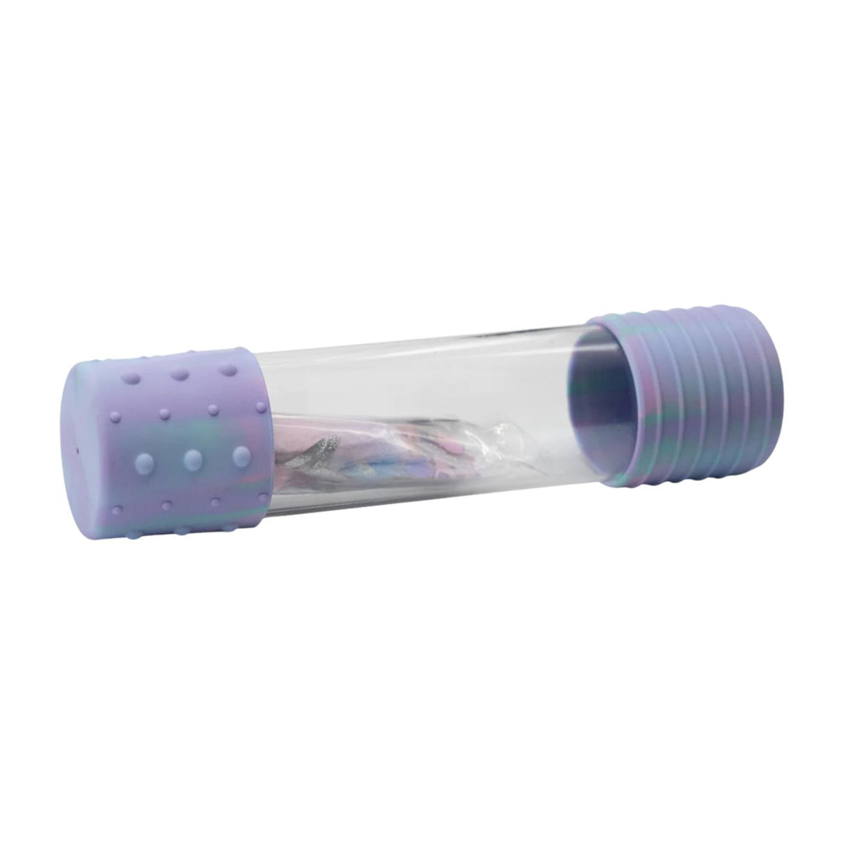 A clear cylindrical tube with iridescent lavender-purple screw-on ends, shown on a plain white background. The tube contains a small amount of colorful material inside.