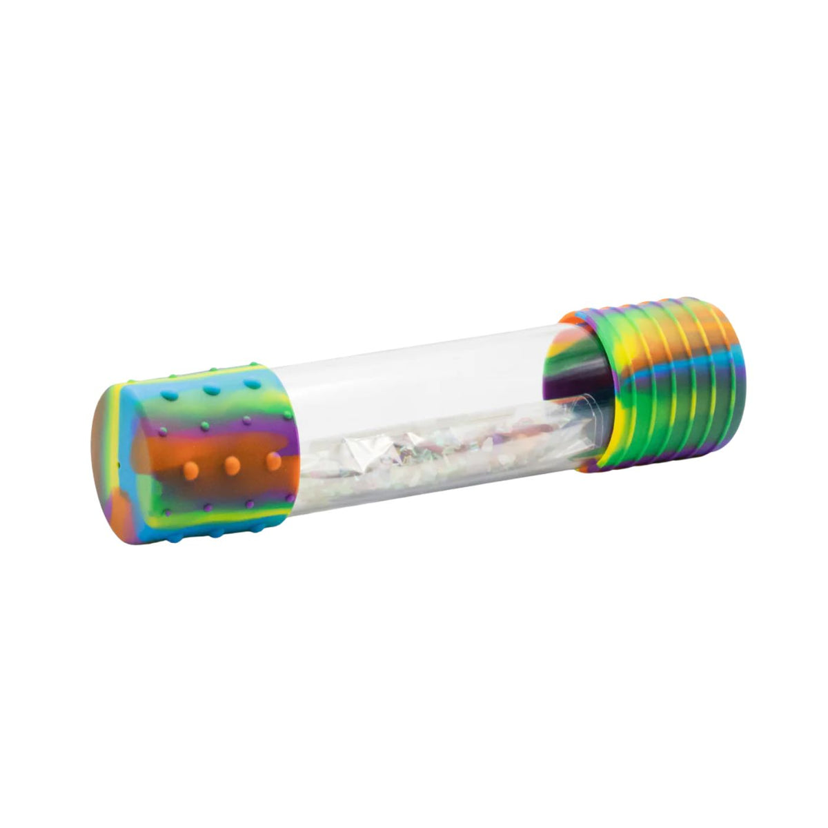 A clear cylindrical tube with a transparent center chamber containing white glitter or confetti, capped with iridescent rainbow silicone ends on a plain white background.