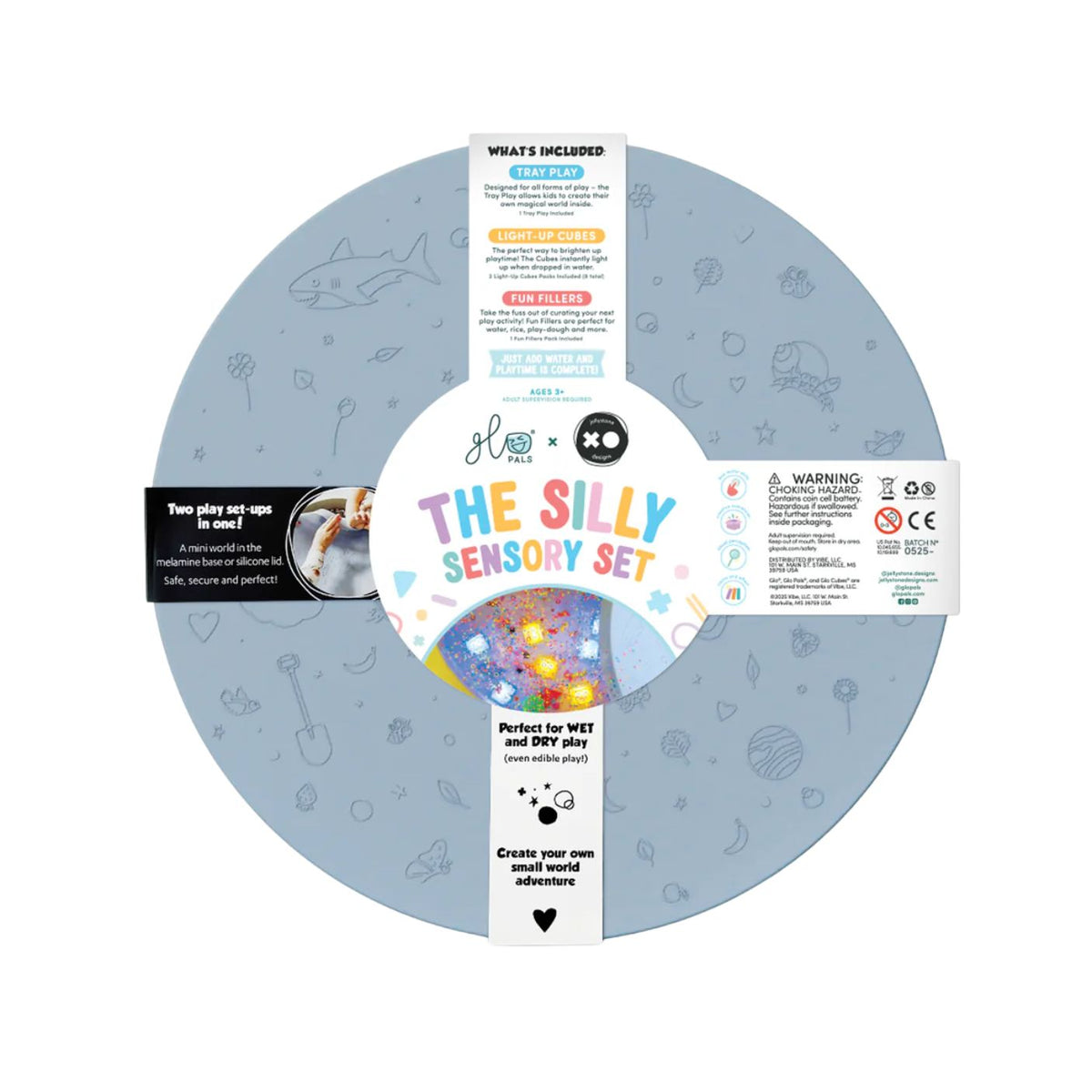 Sensory set packaging with labels and illustrations on a white background