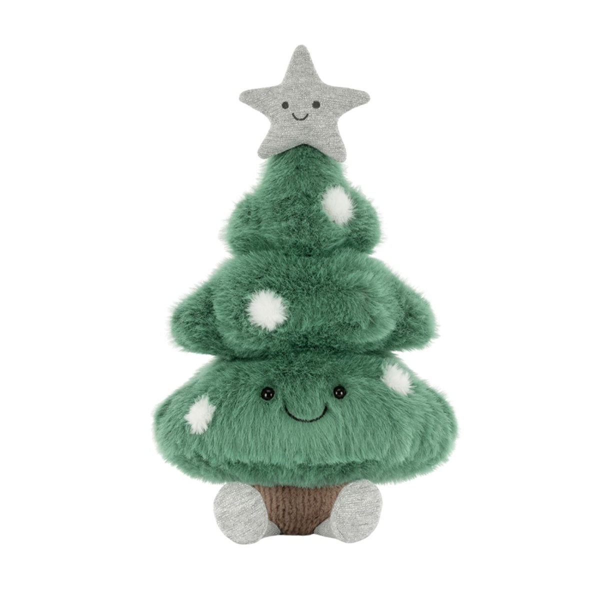 Plush toy shaped like a Christmas tree with a star on top, on a white background